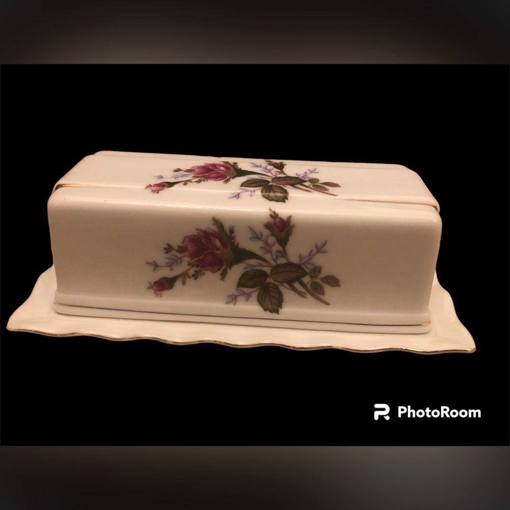 Vintage Moss Rose Pattern Fine China Butter Dish - made in Japan